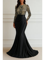 Long Sleeves Sweep Train Trumpet Satin Evening Gown with Beading