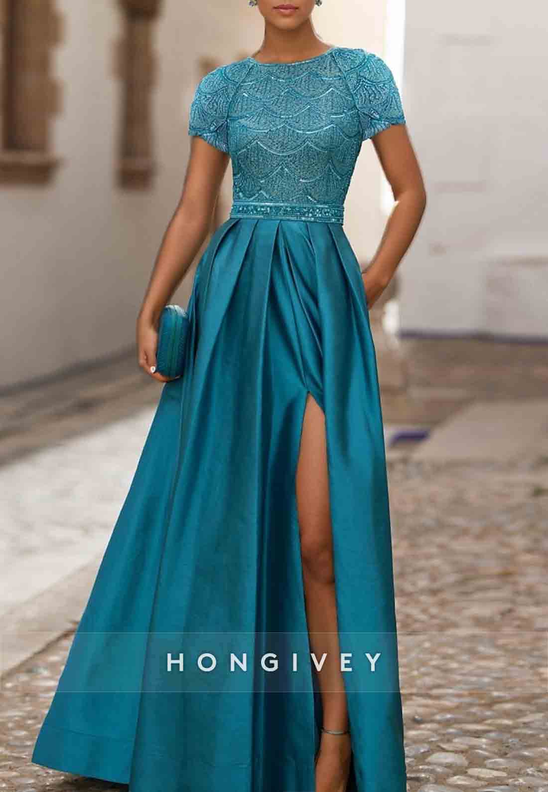 Short Sleeves Floor-Length High Slit Satin Evening Gowns with Keyhole Back