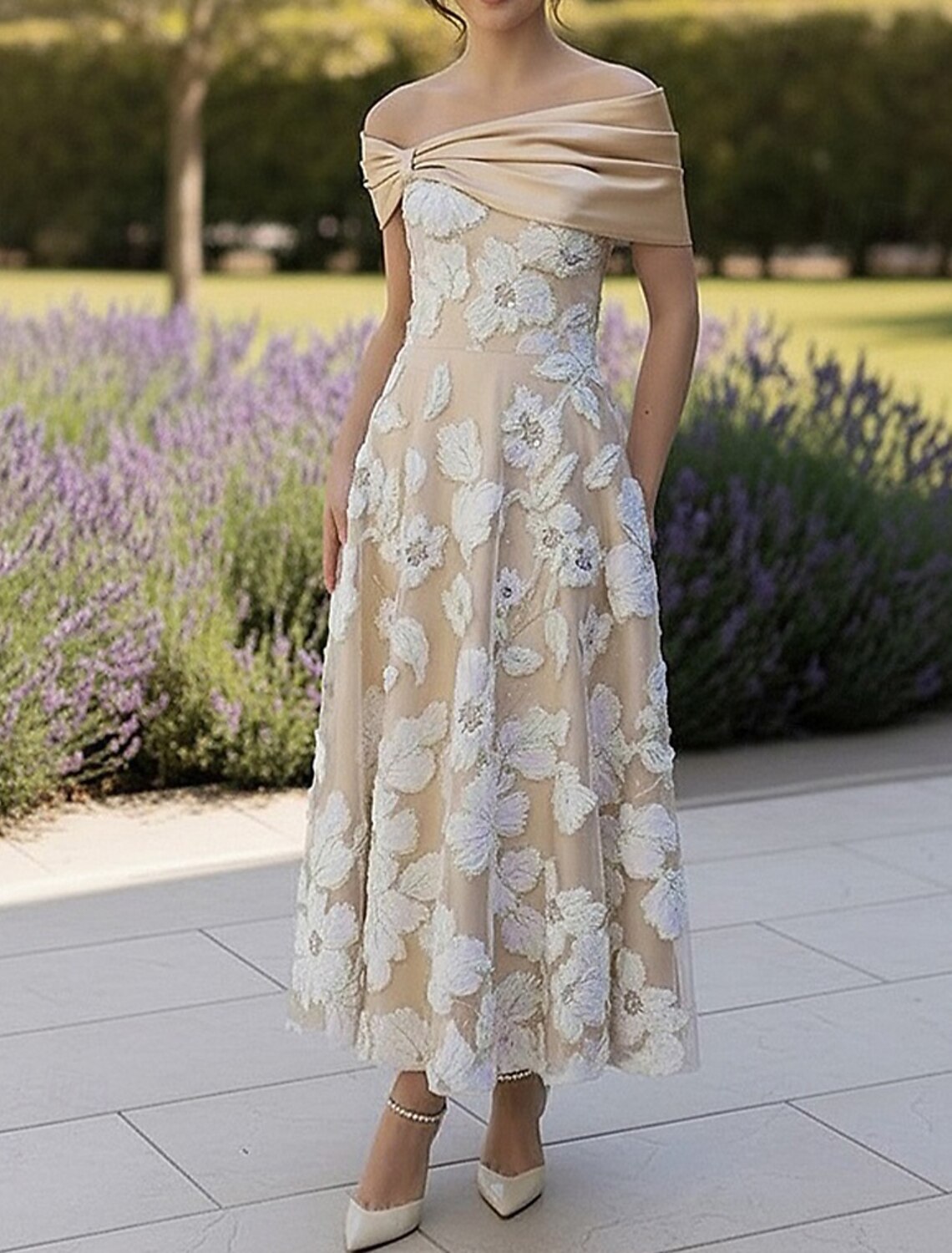 Off the Shoulder Sleeveless A-Line Flowers Floral Print Ankle-Length Evening Dress