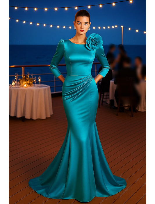 O-Neck Flowers Long Sleeve Mermaid Floor-Length Evening Dress