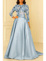 O-Neck Flowers Floral Print Long Sleeve A-Line Floor-Length Evening Dress