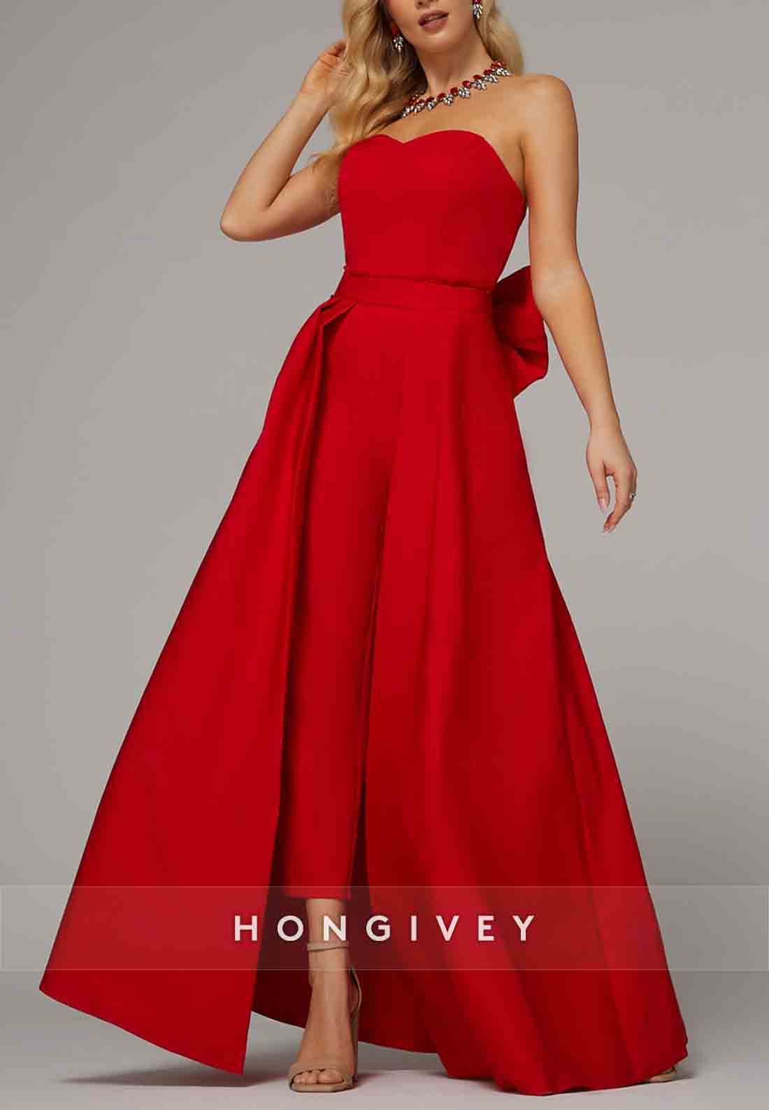 Jumpsuits Floor Length Red Sleeveless Sweetheart Evening Gown with Pocket