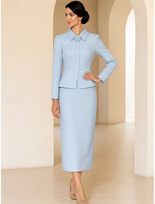 Blue Long Sleeve Mermaid Tea-Length Tea-Length Evening Dress