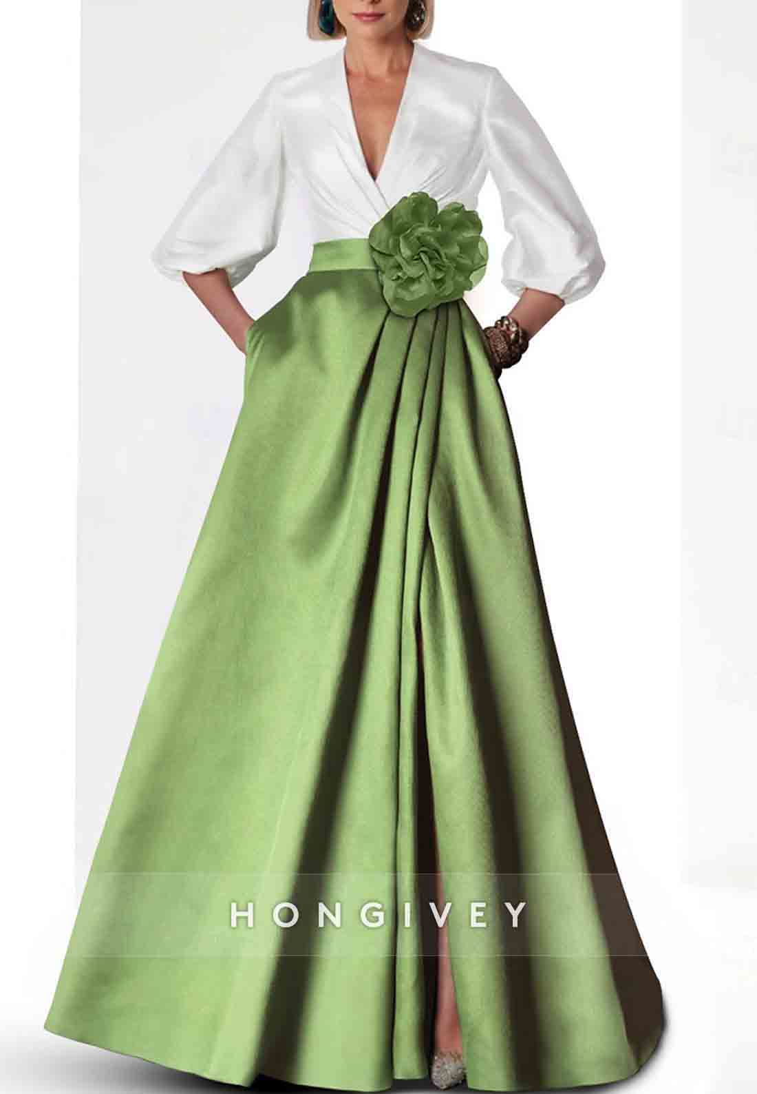 V-Neck Satin 3/4 Sleeve Empire Floor-Length Evening Gowns with Pockets