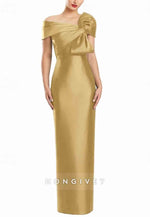 Column One Shoulder Satin Floor-Length Evening Gowns with Bowknot