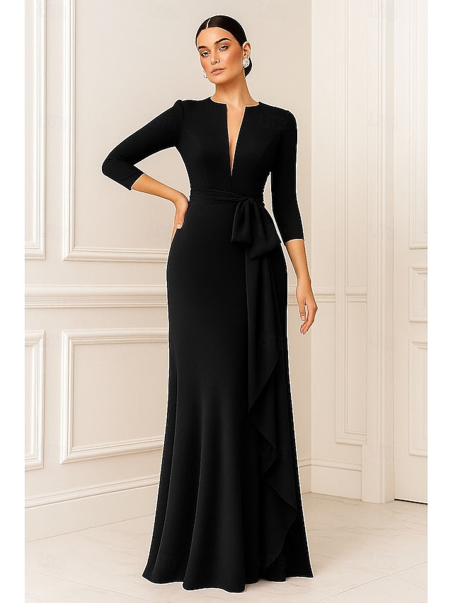 Simple V-Neck 3/4 Sleeve Mermaid Ruched Floor-Length Evening Dress