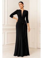 Simple V-Neck 3/4 Sleeve Mermaid Ruched Floor-Length Evening Dress