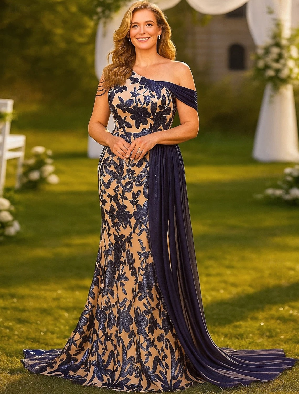Aplique One Shoulder Mermaid Floor-Length Evening Dress Women Flowers