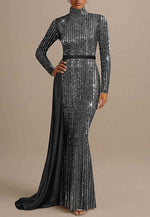 Sparkle Long Sleeve High Neck Sequined Mermaid Floor Length Evening Gown with Glitter