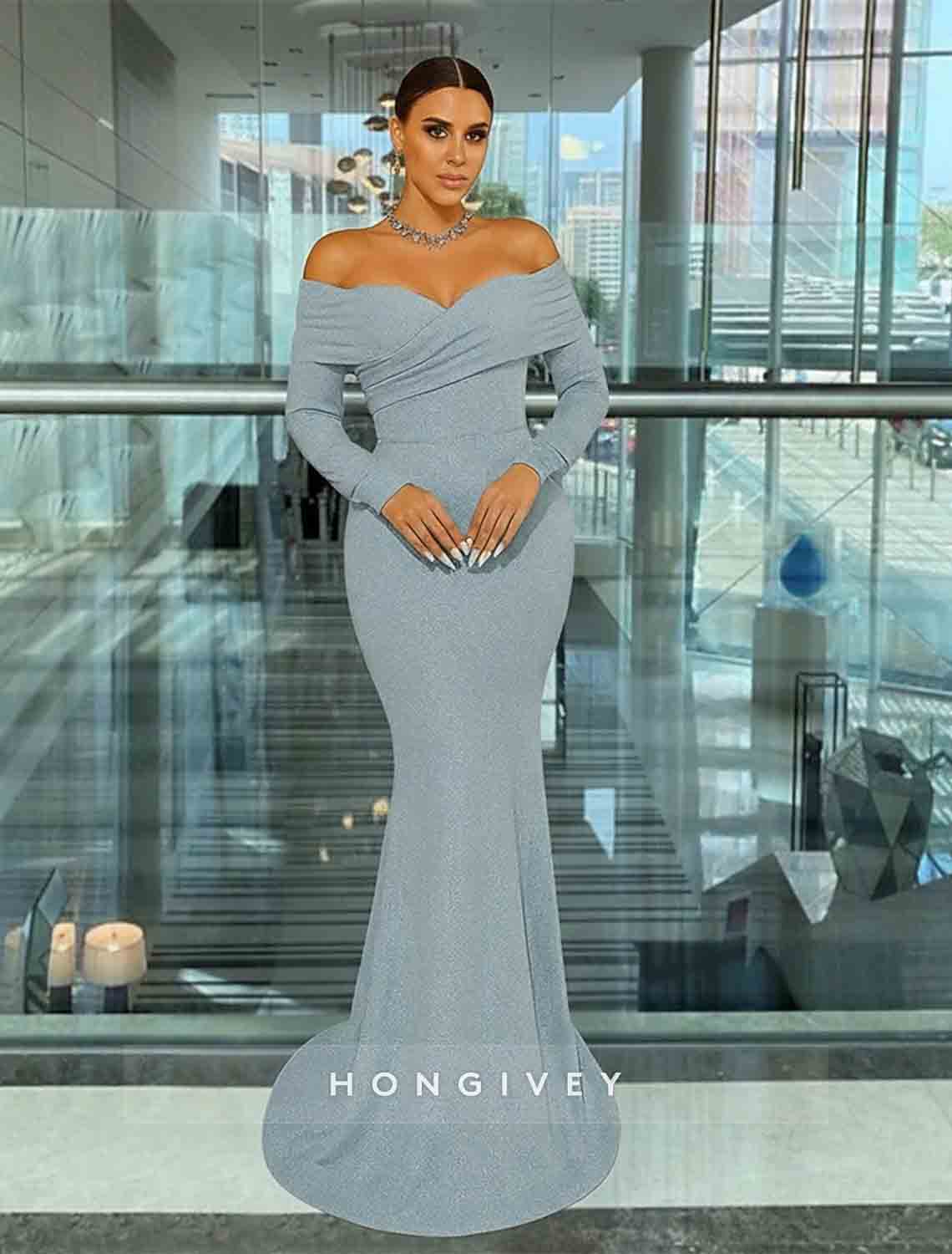 Sequins Off the Shoulder Long Sleeve Evening Dress Mermaid