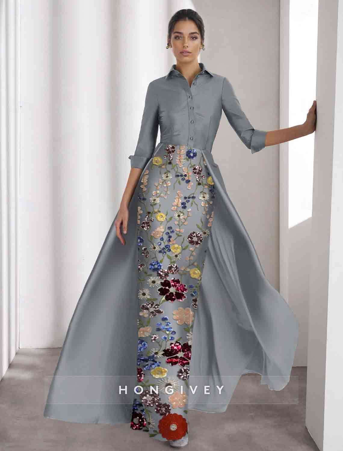 Detachable 3/4 Sleeve Appliqued Flowers Evening Dress
