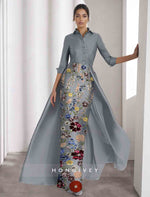 Detachable 3/4 Sleeve Appliqued Flowers Evening Dress