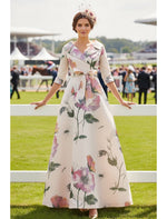 V-Neck 3/4 Sleeve A-Line Flowers Floral Print Formal Evening Dress