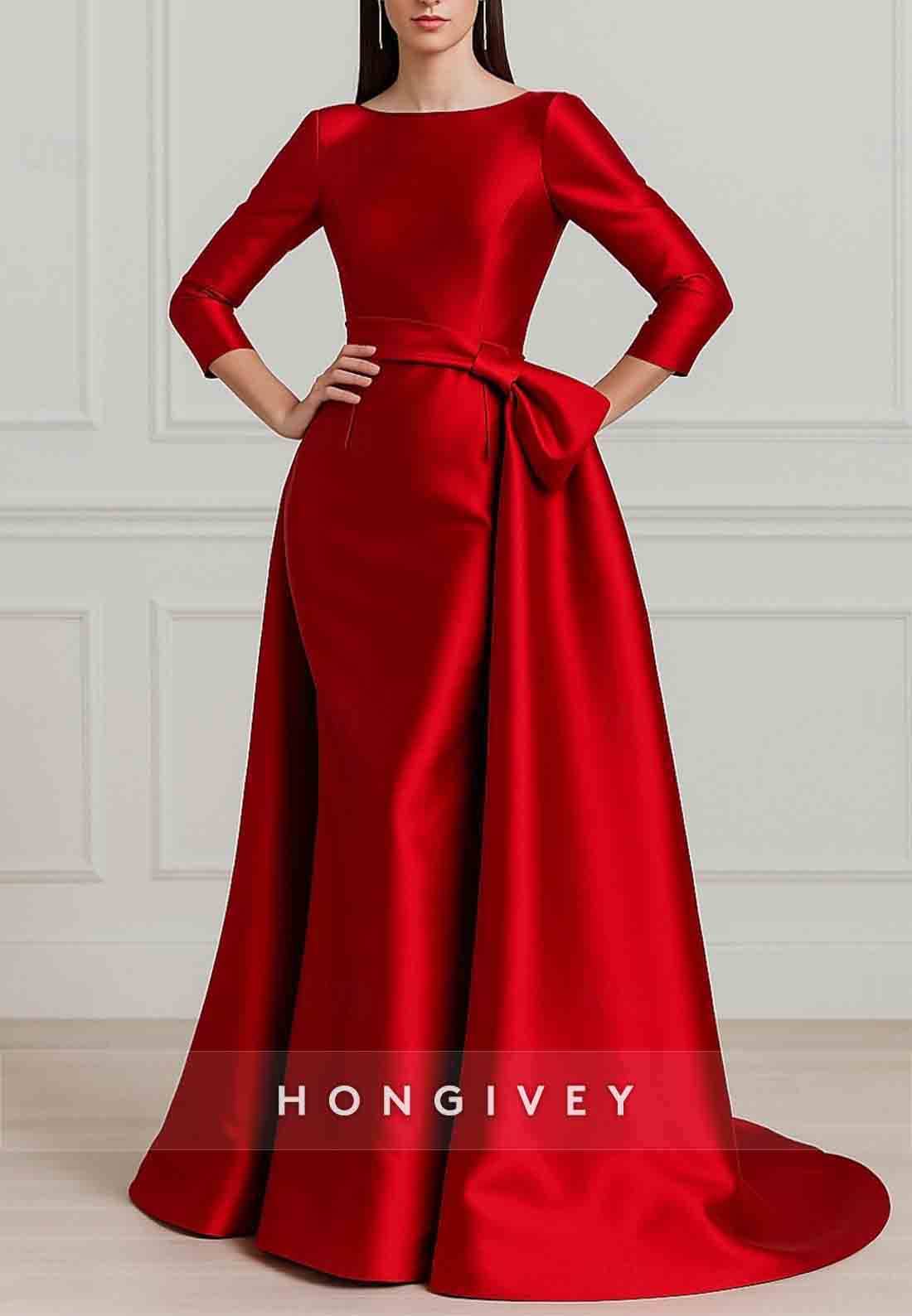 3/4 Sleeve Satin Detachable Bateau Neck Trumpet Evening Gown