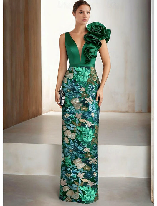 Sleeveless Floral Print V-Neck Ruched Mermaid Sequins Sparkle Evening Dress