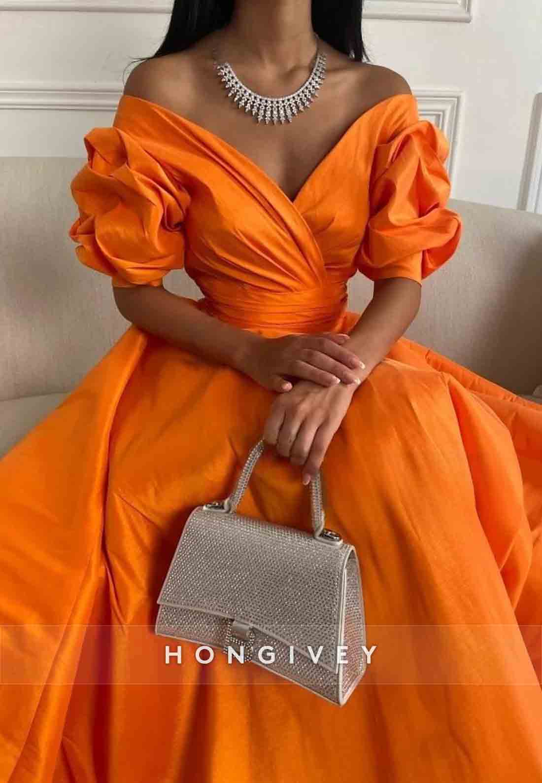 Off the Shoulder V-Neck Floor-Length Satin Short Sleeves Princess Evening Gown