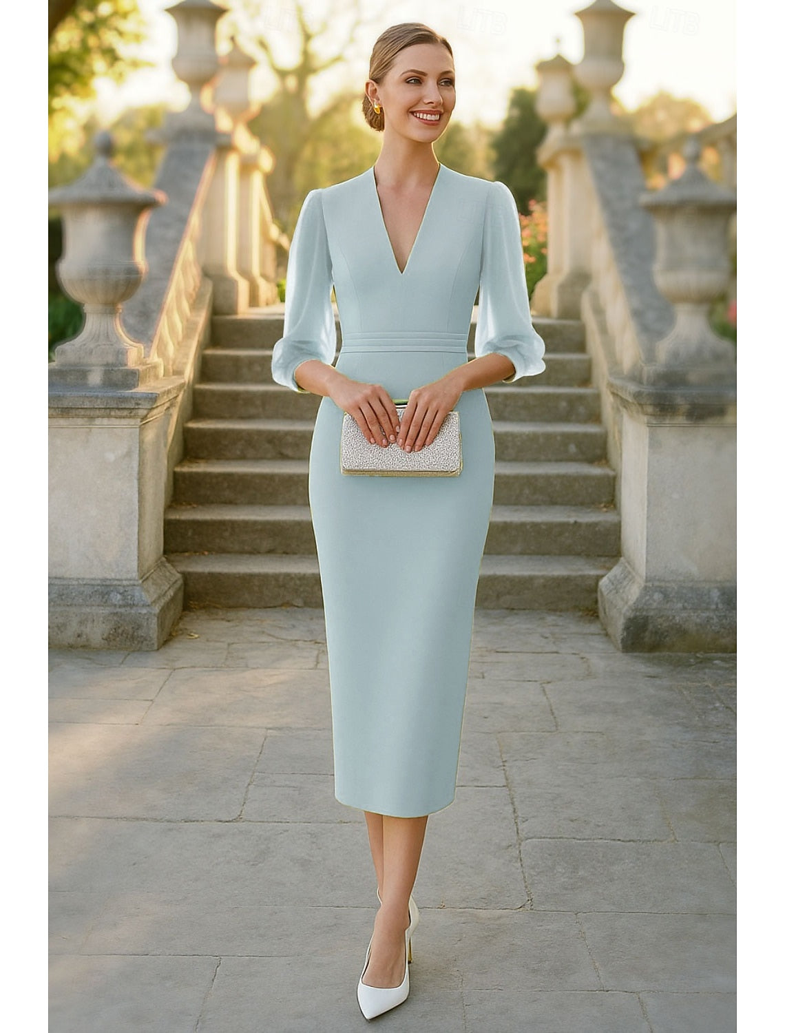 V-Neck Long Sleeve Mermaid Tea-Length Formal Evening Dress