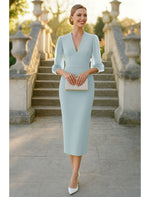 V-Neck Long Sleeve Mermaid Tea-Length Formal Evening Dress