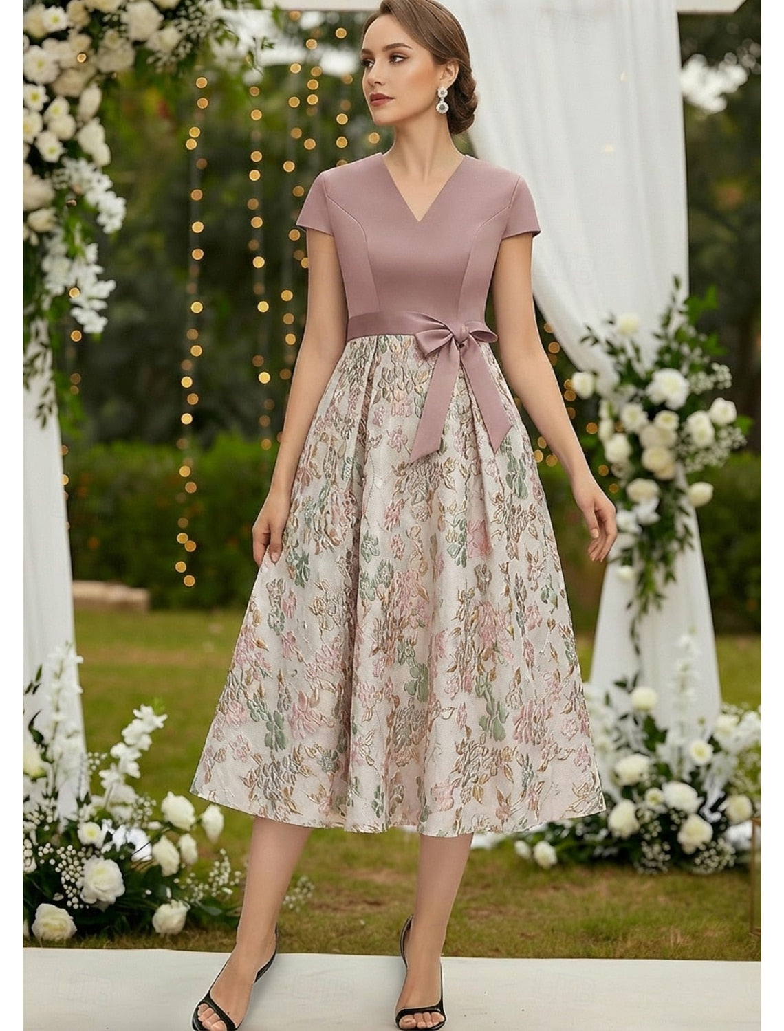 Bow Sleeveless A-Line Floral Print Tea-Length Evening Dress