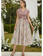 Bow Sleeveless A-Line Floral Print Tea-Length Evening Dress