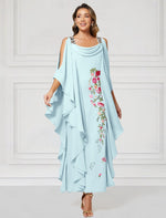 Flowers Floral Print Cape Sleeve Ankle-Length Mother of the Bride Dresses