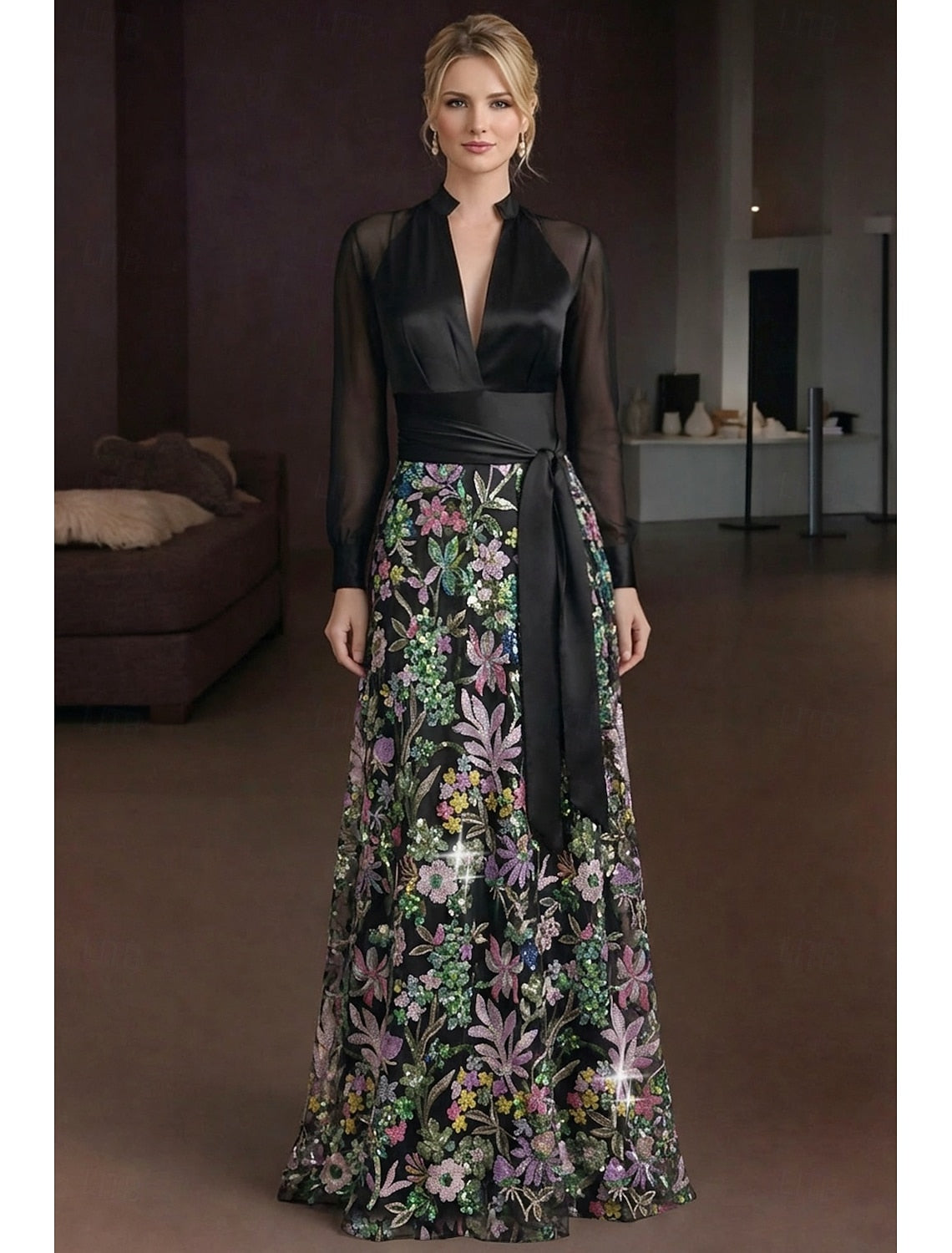 V-Neck Long Sleeve Sequins Sparkle Flowers Mermaid Mother of the Bride Dress