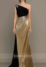 One Shoulder Black Gold Evening Gown Trumpet Satin Mother Of the Bride Dress with Rhinestone Pleats