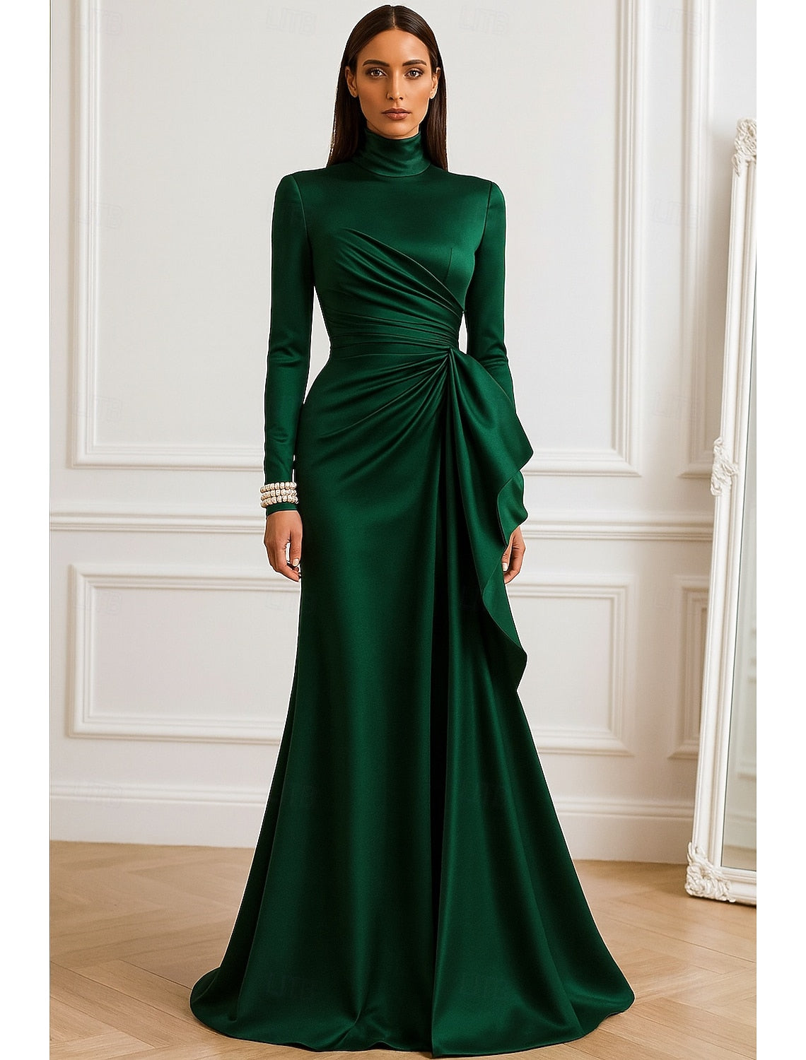 High Neck Long Sleeve Mermaid Floor-Length Evening Gown Mother of the Bride Dress