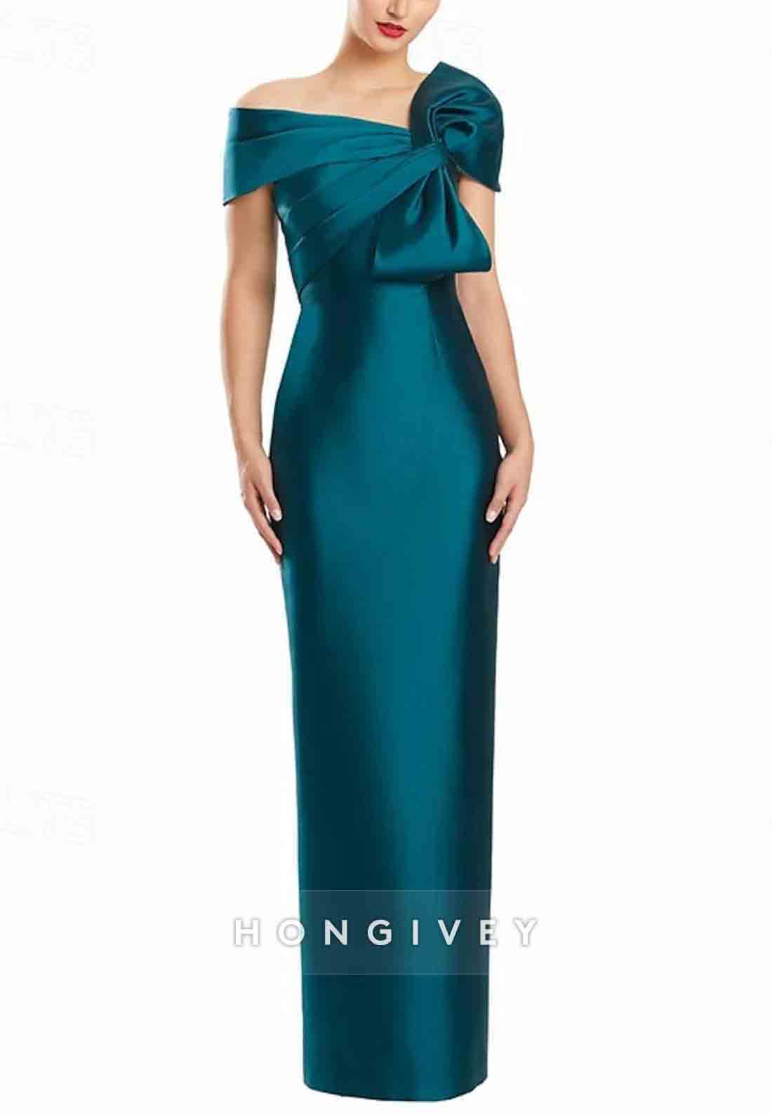 Column One Shoulder Satin Floor-Length Evening Gowns with Bowknot