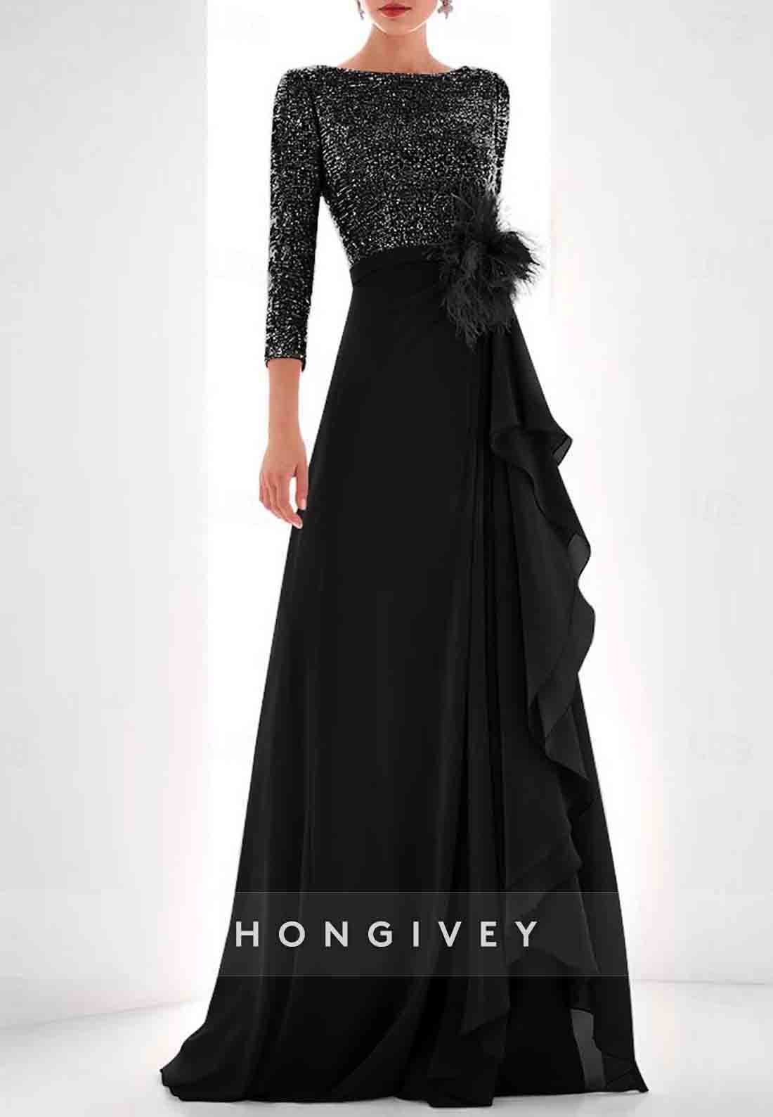 3/4 Sleeve A-Line Guest of Wedding Glitter Pleated Evening Gowns with Feather