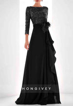 3/4 Sleeve A-Line Guest of Wedding Glitter Pleated Evening Gowns with Feather