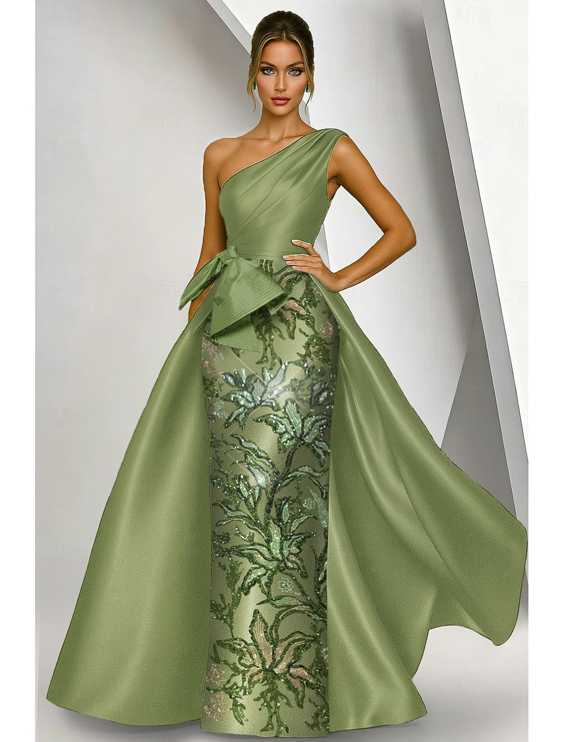 One Shoulder Sleeve Bow Mermaid Sequins Sparkle Flowers Mother of the Bride Dress