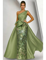 One Shoulder Sleeve Bow Mermaid Sequins Sparkle Flowers Mother of the Bride Dress