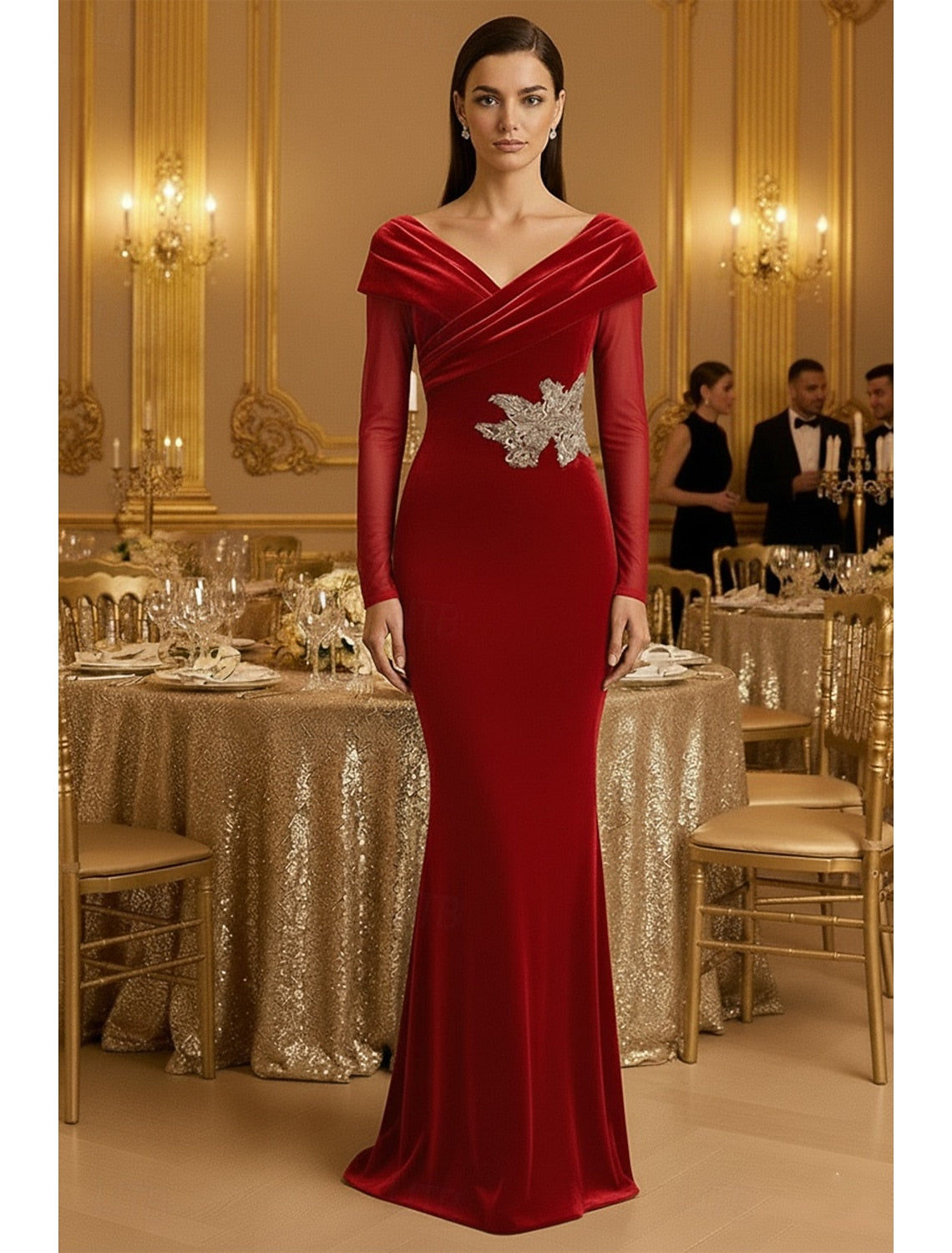 Sequins Applique V-Neck Long Sleeve Formal Mermaid Evening Dress