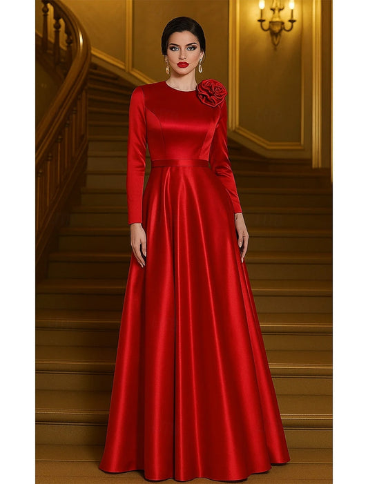 Flower O-Neck Long Sleeve A-Line Floor-Length Evening Dress