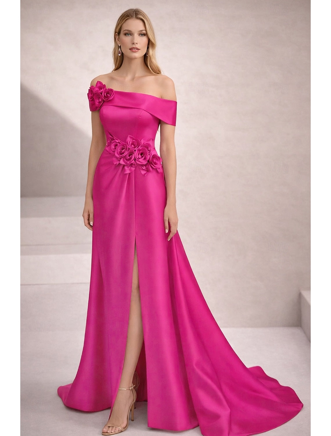 Off the Shoulder Flowers Sleeveless A-Line Side Slit Evening Dress