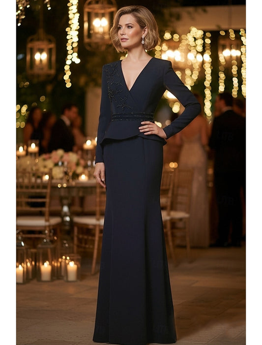 Elegant V-Neck Long Sleeve Mermaid Applique Formal Evening Dress
