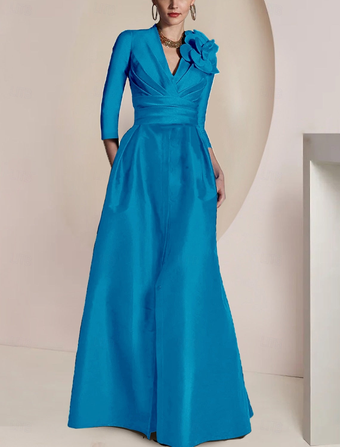 Flowers V-Neck Long Sleeve A-Line Side Slit Evening Dress