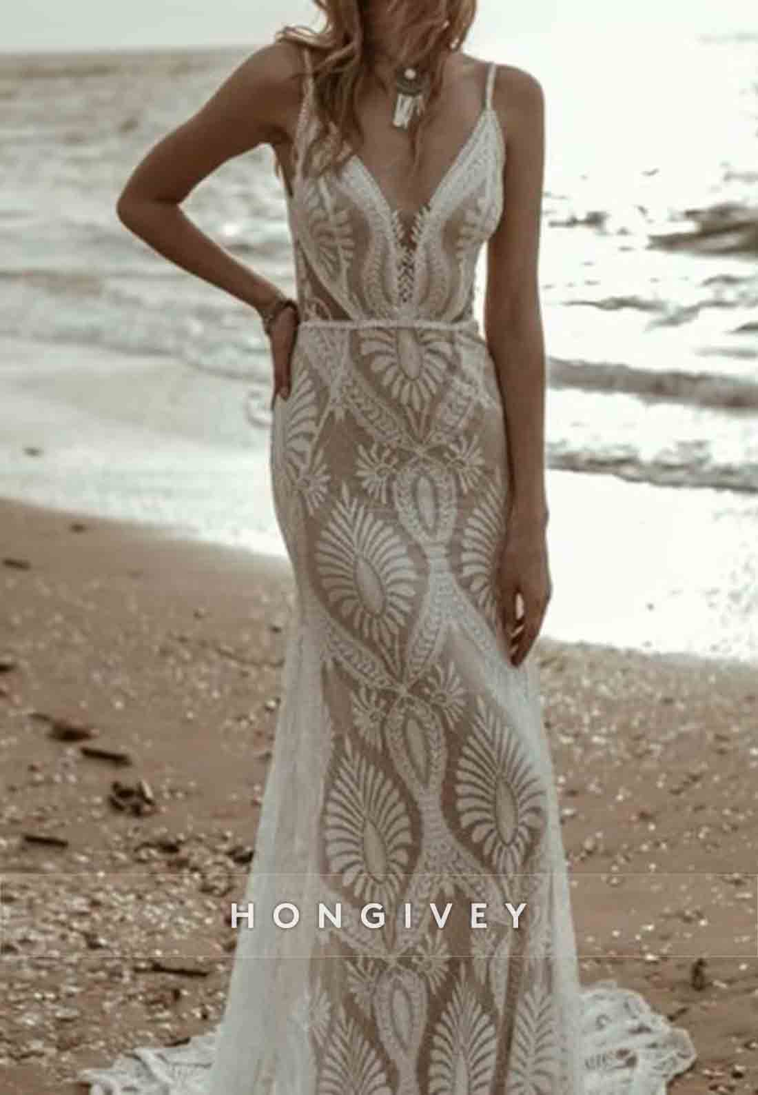 Spaghetti Straps Low V-Neck Court Train Wedding Dresses with Embroidery