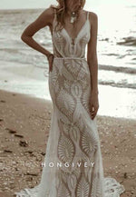 Spaghetti Straps Low V-Neck Court Train Wedding Dresses with Embroidery