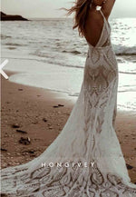 Spaghetti Straps Low V-Neck Court Train Wedding Dresses with Embroidery