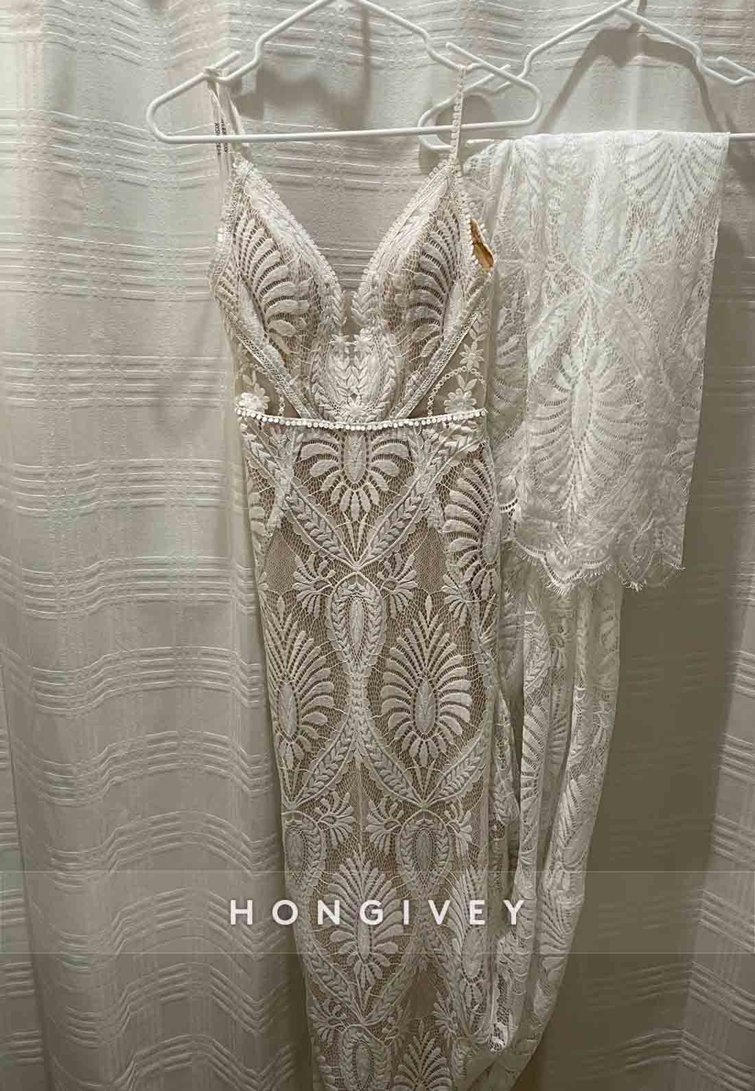 Spaghetti Straps Low V-Neck Court Train Wedding Dresses with Embroidery