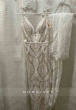 Spaghetti Straps Low V-Neck Court Train Wedding Dresses with Embroidery