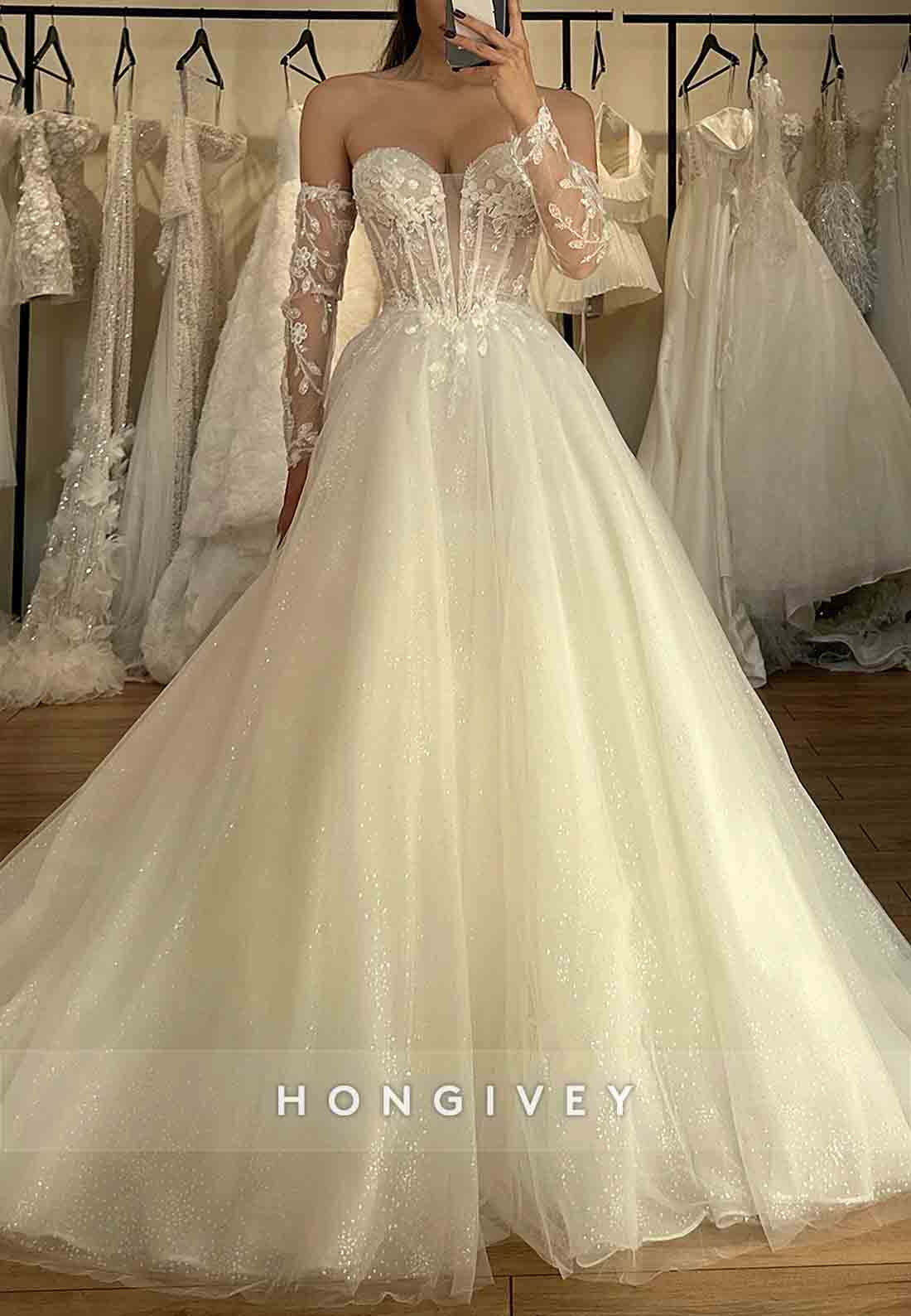 A-Line Off the Shoulder Court Train Sweetheart Tulle Long Sleeves Wedding Dresses