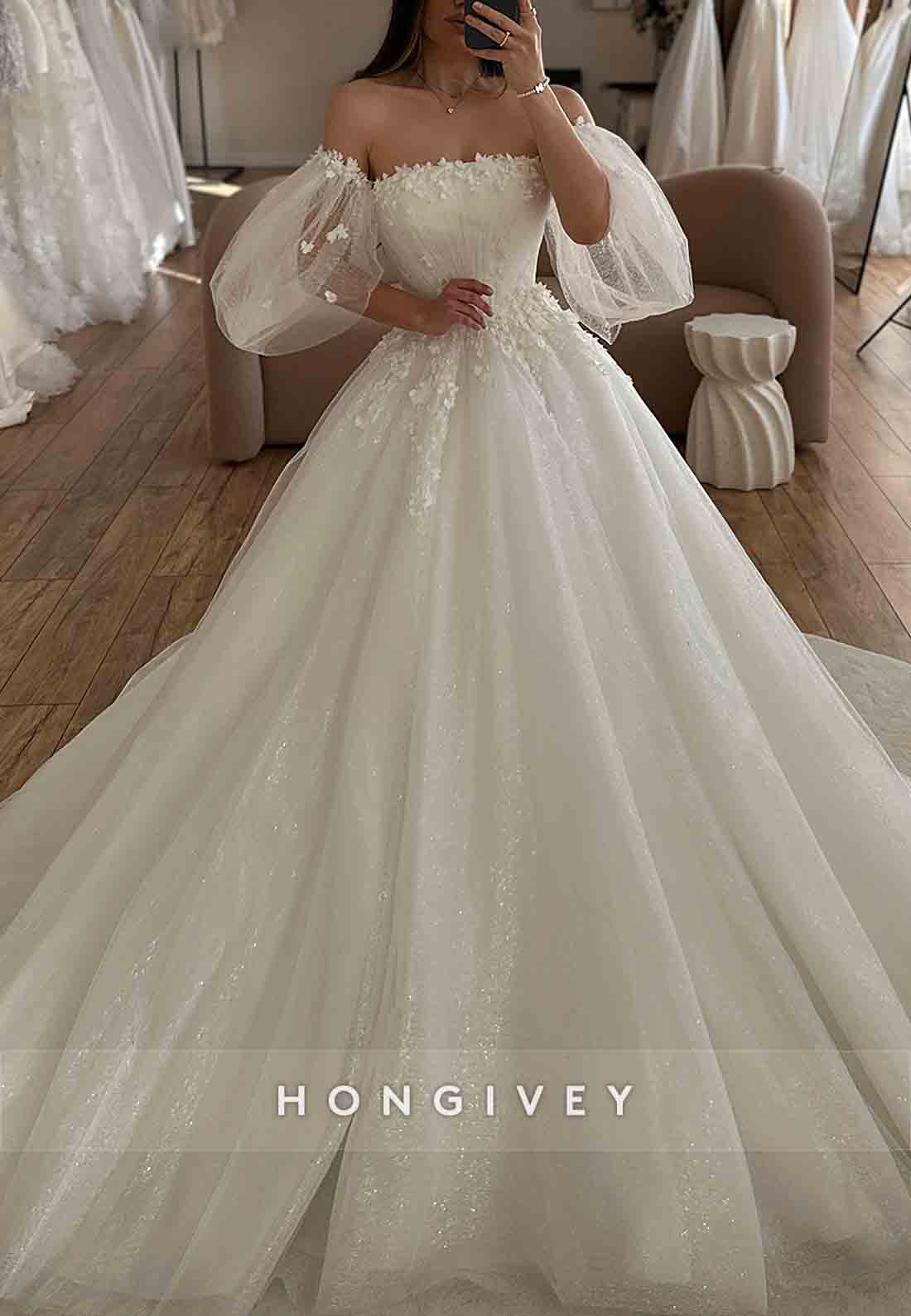 Off the Shoulder Pleated Appliqued Chapel Train Princess Wedding Dresses