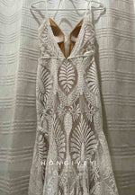 Spaghetti Straps Low V-Neck Court Train Wedding Dresses with Embroidery