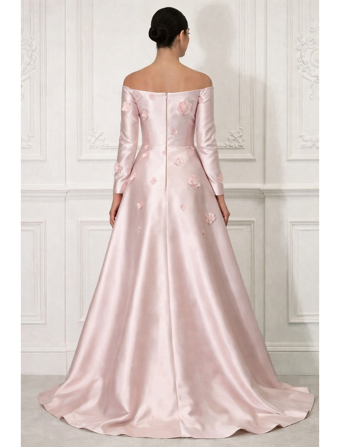 Off the Shoulder Long Sleeve Flowers Mermaid Court Train Evening Dress