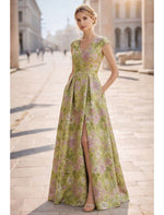 A-Line V-Neck Sleeveless Flowers Floral Print Side Slit Evening Dress