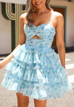 A-Line Spaghetti Straps Tiered Blue Floral Short Homecoming Dress