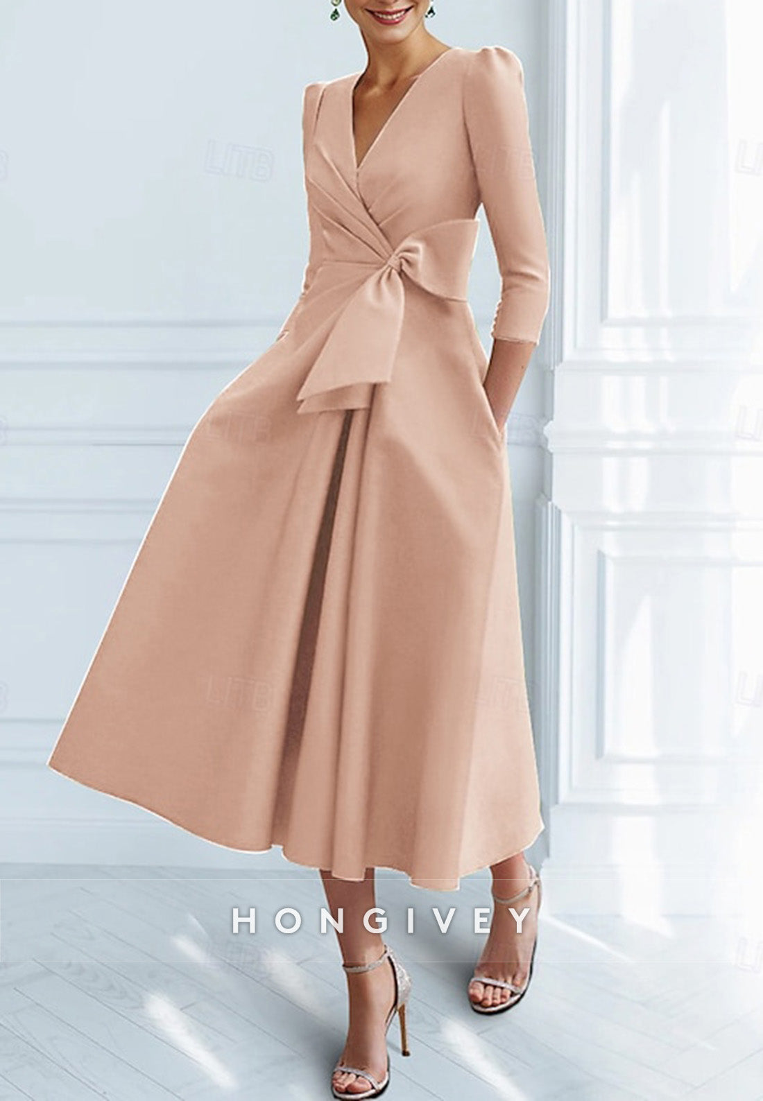 V Neck Tea-Length 3/4 Sleeve A-Line Ruched Cocktail Dresses with Bow(s)